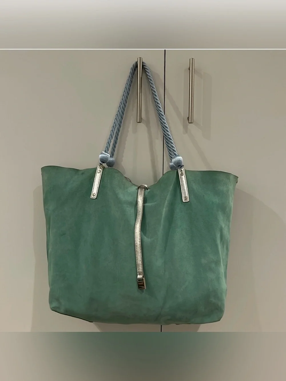 Tiffany & Co. Green Suede/Silver Metallic Reversible Tote with Silver Accents